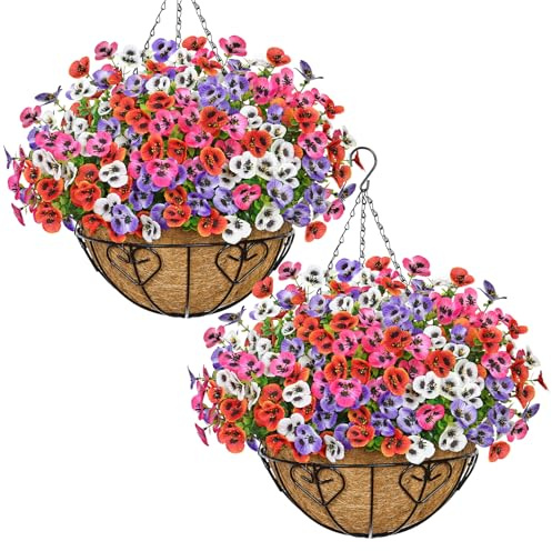 MEIVINES Kunstblumen Hängend Künstlich Hängepflanze 2PCS Künstliche Balkonpflanzen Stiefmütterchen Künstliche Blumen für Draußen Balkon Garden Deko