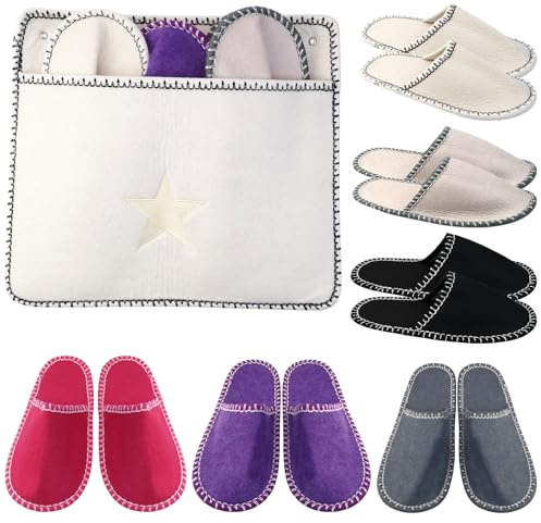 WPPQWP Set di 6 pantofole per ospiti, in feltro, di alta qualità, colore beige, per visitatori, lavabili, antiscivolo e comode, taglia 36/39, 40/42, 43/45, con custodia, beige., 36/42 EU