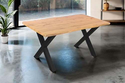 SAM Esstisch Josy 160x85 cm Holz Wildeiche-Optik X-Gestell schwarz | 40 mm Tischplatte mit Baumkante, Metallgestell, Tisch für Esszimmer & Küche