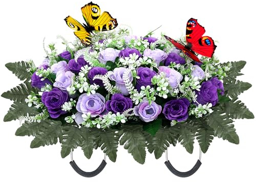 Artificial Cemetery Flowers for Grave,Large Headstone Flower Saddle Realistic Grave Flowers Memorial Silk Rose Flowers with Butterflies for Headstone Grave Decoration Non-Fading Easy Fit (Purple)