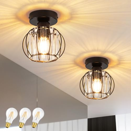 ZMH 2er Deckenlampe LED Deckenleuchte Kristall: Schwarz Flurlampe E27 Vintage Küchenlampe mit Metall Rahmen Innen Deckenbeleuchtung für Flur Küche Balkon Wohnzimmer Hotel, 3 x A60 Glühbirne inkl.
