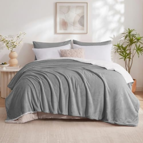 Aisbo Sherpa Fleece Throw Blanket King Size - Thick Warm Soft Grey Extra Large Blankets for Bed, 200x240cm Fluffy Microfiber Solid Blanket for Sofas Couch, Gray