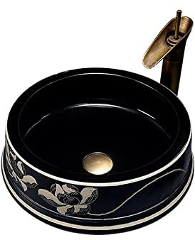 asdchZen Combinación De Lavabo Y Grifo De Cerámica Negra, Lavabo De Cerámica Clásica con Tallado De Loto, Lavabos De Tocador sobre Encimera.