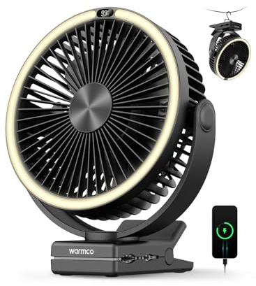 Warmco Wiederaufladbarer tragbarer Ventilator mit Clip, 15.000 mAh, batteriebetriebener Schreibtisch-Ventilator mit 20,3 cm, LED-Laterne und Haken, 360 ° drehbar und 4 Geschwindigkeitsstufen mit