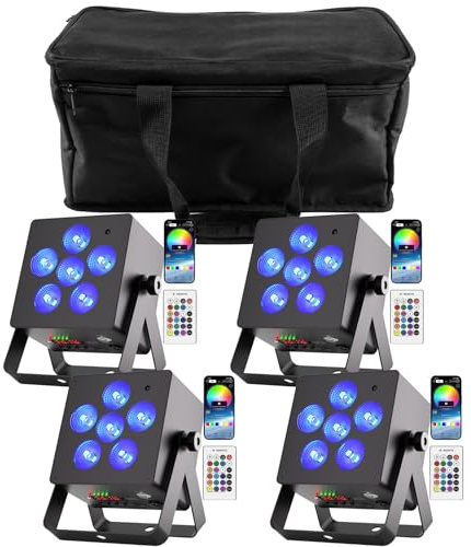 Oloaxolx 4er 50W RGBWA+UV Akku LED Par Strahler mit Tasche, wiederaufladbarem 5200 mAh Bühnenlicht gesteuert Fernbedienung/APP/DMX512/Master-Slave/Auto/Sprachsteuerung Modi für DJ Disko party Hochzeit