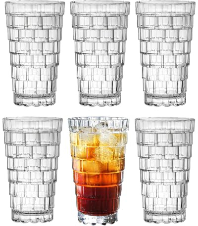 TUCHACA Vintage Drinking Glasses Set of 6, 450ml Brick-Shaped Glass Cups, Mojito Glass Cups Stackable Water Tumbler, for Beer, Cocktail, Whiskey, Juice & Mixed Drinks.