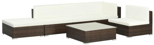 Qnhdfrt Garten Lounge Set 6 teilig Poly Rattan Sofa Eckecke mit Couchtisch und Ottomane Braun Cremeweiß für Terrasse Garten und Balkon