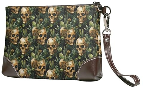 Novastar Small Clutch Purses for Women - Funny Skull Cactus Print Leather Fashion Wristlet Wallets with Wrist Strap