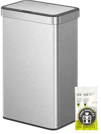 EKO Econova 30L+30L Dual Compartment Motion Sensor Trash Can, 16 Gallon Automatic Kitchen and Recycling Bin, Soft-Close Lid, Fingerprint-Resistant Stainless Steel Garbage Bin, 2 Inner Buckets