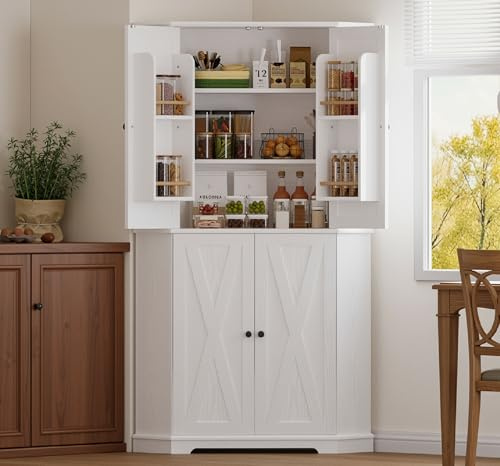 IRONCK Corner Cabinet, 72 H Kitchen Pantry Storage Cabinet, 4 Barn Doors with Storage Rack, 4 Adjustable Shelves, 6-Tier Tall Food Pantry Cabinet, Farmhouse Hutch for Kitchen Dining Room, White