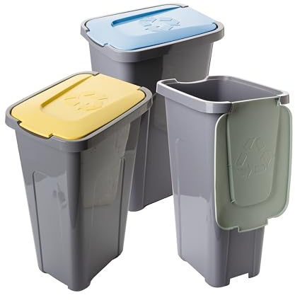 LIVINJA Mülleimer Küche 3er Set 30L, Abfalleimer mit Deckel und Farbcodierung, Müllsystem zur Mülltrennung, 36x28x56 cm, Kunststoff, Recyclingbehälter, Made in EU