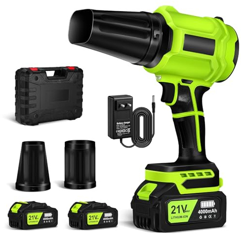 JUOIFIP Souffleur sans Fil avec 2× Batteries 4000 mAh, 800000 TR/Min, Vitesse d’air 65 m/s, Souffleur à Feuilles sans Fil avec Boîte à Outils, Idéal pour Feuilles, poussières & Neige,Vert Fluo