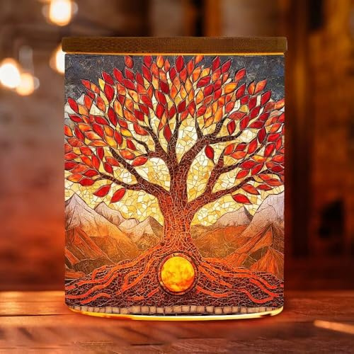 Stained Glass Red Tree of Life Tea Light Candle Jar, Mountain Tealight Candle Holders Glass Candle Jar with Bamboo Lid, Candle Candlestick for Thanksgiving Mother Christmas Birthday, 3.5x2.8