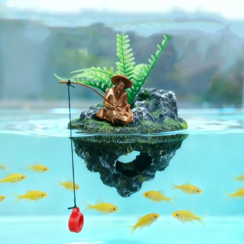 GDZBNIZK Aquarium Floating Island Decorations,Floating Fish Tank Decorations,Fisherman Aquarium Decor Island,for Betta Fish, Guppies, Goldfish, Shrimps, and Hermit Crabs