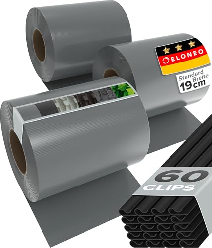 ELONEO PVC Sichtschutzstreifen Doppelstabmattenzaun | 3 Rolle á 35m x 19 cm | Balkon Sichtschutz mit 20 Befestigungsclips | Sichtschutz Zaun wetterfest und extra stabil, grau