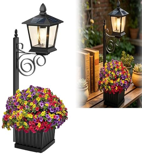 Generico Per Luce Solare Con Fioriera, Lanterna Da Giardino Solare Vintage 2 In 1 Con Vaso Da Fiori, Fioriera Da Esterno Con Illuminazione Per Balconi Corridoi Appartamenti Cortile Terrazza