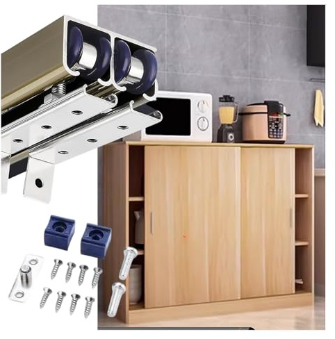 Toppmonterad skjutdörr hårdvarusats för 1,9 cm tjocka träpaneler 1 m aluminiumskena med anti-svängning golvguide – champagne h mini dubbelspårsystem