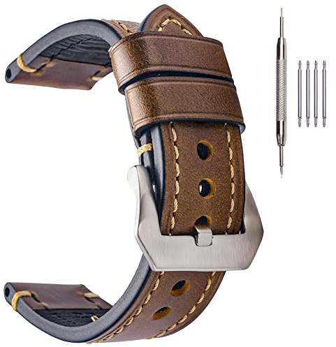 EACHE Bracelets de montre en cuir pour hommes 24mm Bracelets de montre en cuir épais cirés à l'huile Bracelets de montre marron foncé avec boucle argentée