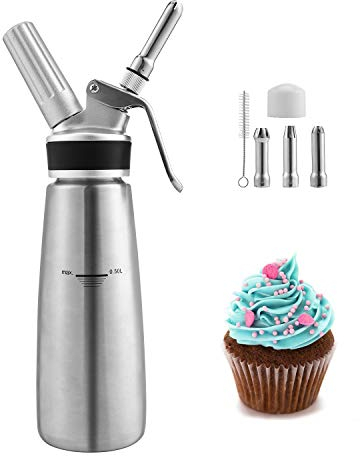 Lospitch Sifone Panna in Acciaio Inossidabile 500ml, con 3 Ugelli per Decorazione in Acciaio Inox, Professionale sifone da Cucina per Decorazione Pasticceria Panna Gelato e Altro(N20 Non Incluso)