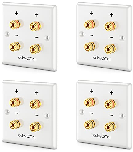 deleyCON 4 Stück Multimedia Lautsprecher Boxen Wanddose Anschlussdose Wandplatte mit Bananenstecker-Buchsen für 2 Lautsprecher (Rot/Schwarz) - Hi-Fi Surround Sound System Heimkino 4er Set