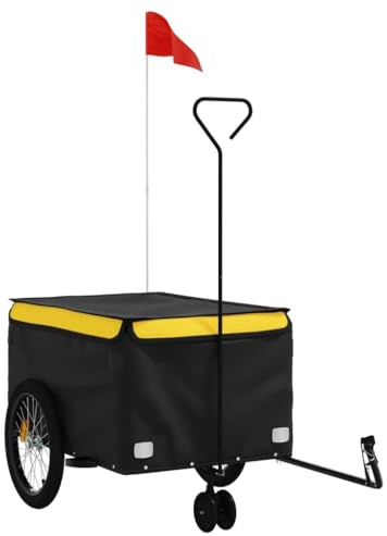 vidaXL Fahrradanhänger, Lastenanhänger mit Sicherheitsflagge, Transportanhänger mit Deichsel, Fahrrad Anhänger Radanhänger, Schwarz Gelb 45kg Eisen