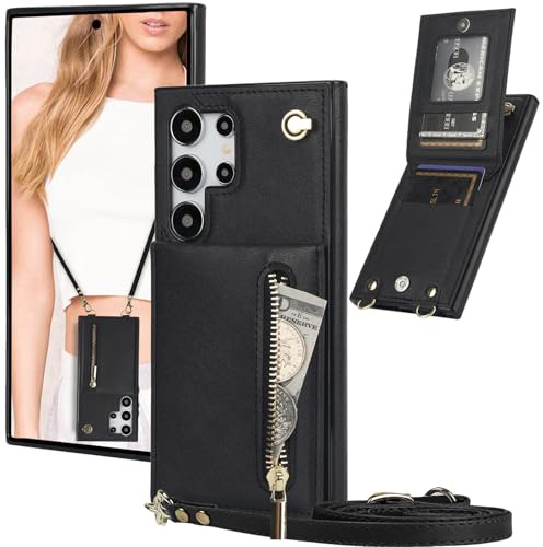 Ysnzaq Geldbörse Hülle für Samsung Galaxy S25 Ultra XK Schwarz | PU Leder Brieftasche Handyhülle mit Band, Reißverschluss, Kartenfach, Stoßfest Schutzhülle für Samsung S25 Ultra