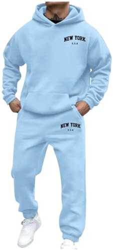 Hoodie Tracksuit Mens Full Set Long Sleeve Hooded Sweatshirt and Sweatpants Set 2 Piece Stylish Letter Print Jogging Suits Men's Activewear Winter Thermal Tracksuit Gym Jogger (02-Light Blue, XL)