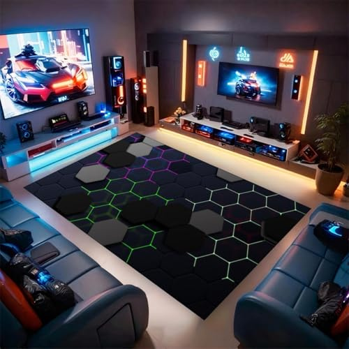 PEIHUODAN Spielteppich für Jungenzimmer, modern, Gamer Stil, 3D Wabenmuster, für Wohnzimmer, waschbar, rutschfest, für Spielzimmer (Grau, 160 x 230 cm)