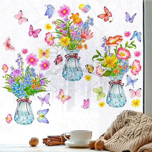 Azlanway Window Stickers, Pack of 3 Flowers Butterflies Window Decals, Double Sided Anti-Collision Static Clings for Windows, Glass, Mirrors Decoration