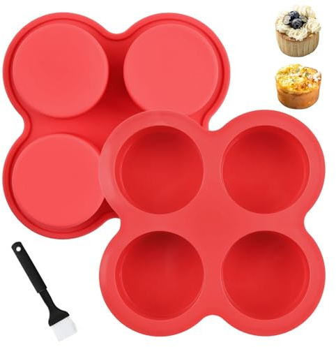 Kaslaider 2 Piezas Molde de Silicona con Pincel para Magdalenas, Molde Repostería 4 Cavidades Antiadherente, Molde Cupcake Mini, Sin BPA para Horno, Air Fryer, Lavavajillas (Rojo)