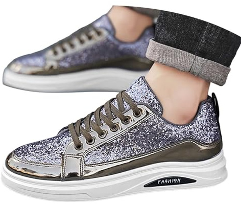 Zapatillas Deportivas Casuales de versátiles con Lentejuelas sin Cordones para Uso Diario Masculino (Silver, 42) #4311