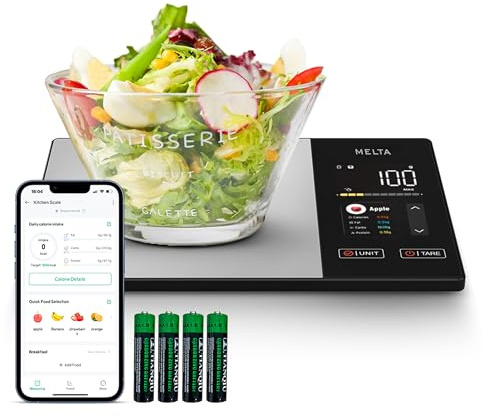Balance de Cuisine Connectée MELTA. – Écran TFT + LED, Suivi Nutritionnel (Calories, Protéines, Glucides, Lipides), App Fitdays+ Bluetooth, 5 kg / 1 g, Acier Inoxydable, 50 Aliments Hors Ligne