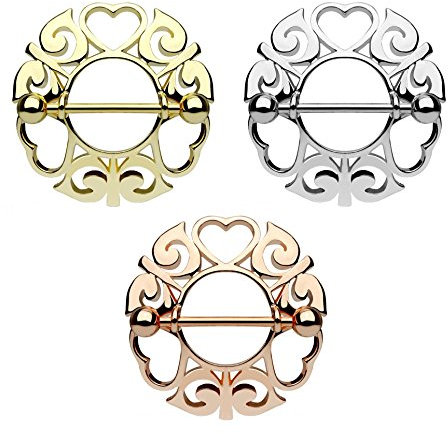 beyoutifulthings Ring TRIBAL Herzen Set Brustwarzen-Piercing Intim-Piercing Brust-Piercing Edelstahl 14 Karat VERGOLDET Silber ROSÈGOLD 1,6mm 19mm