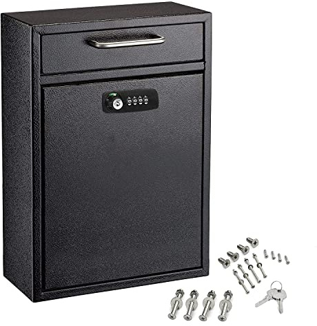 AdirOffice Wall Mount Mailbox - Combination Mailbox with Keys- Durable Wall Mounted Locking Mail Box and Cash Drop Box for House, Apartments and Business After Hours Deposits (Large, Black)
