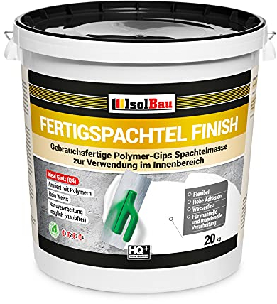 Isolbau Fertigspachtel Finish 20 kg, Glättspachtel Fugenspachtel, Gebrauchsfertige Polymer-Gips Fertig-Spachtelmasse für innen, Weiß Q1-Q8