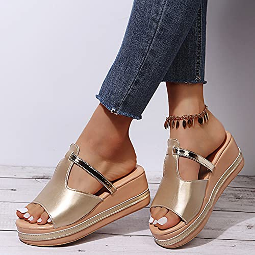 HHZY Sandales Compensées À Plateforme pour Femmes Mules D'été À Bout Ouvert Dames À Fond Épais Décontracté Slip on Slide Pantoufles Confortables Chaussures de Plage Mocassins,d'or,US7/EU38