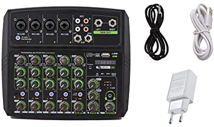 FGHSD Mezclador de Audio de 6 Canales Consola de Mezclas Pantalla LED Tarjeta de Sonido incorporada Conexión BT con Control de retardo de Ganancia de ecualización de 2 Bandas (Color : A) (B)