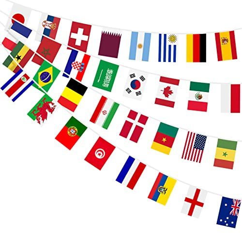 AhfuLife 32 Drapeaux du Monde Bannière Bunting pour Decoration Football Match, 1Pcs Drapeaux du Monde pour Euro Footaball Fans Bar Jardin Masion Clubs Sportifs Décor, 20×28cm-12m