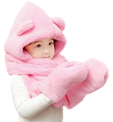 ISAKEN 3 in 1 Mütze Handschuhe Schal Kinder Plüschmütze Warm Schalmütze Plüsch Kapuzenschal Mädchen Jungen Gesichtswärmer Wintermütze Nackenwärmer Kinderhut Sturmhaube