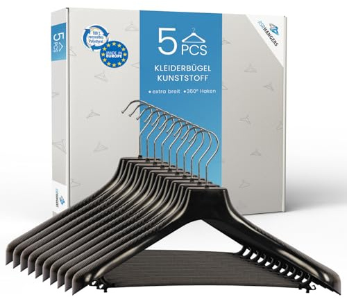 RSR Hangers Jackenbügel XXL SM 45 cm – 5 er Set – Schwarz, Kunststoff – mit Hosensteg & extra breiter Schulterauflage – 360° drehbarer Haken – für Jacken, Mäntel & Anzüge, Winterkleidung