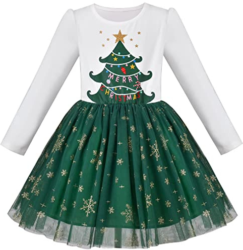 Vestido para niña Verde Árbol de Navidad Copo de Nieve Fiesta Tutu Manga Larga 5 años