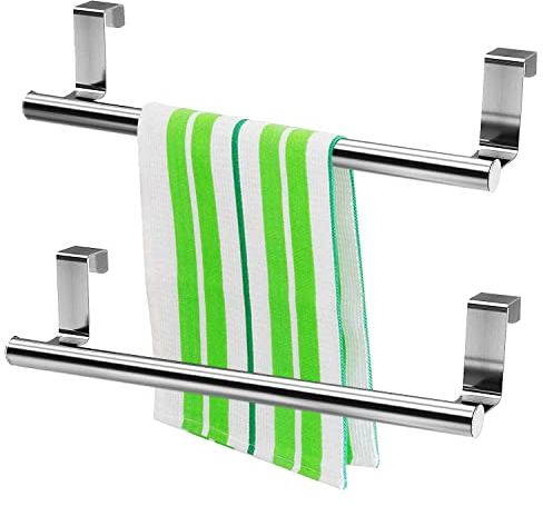 LEIMEND Handtuchhalter, 2 Stück Türhandtuchhalter Küche, Einhängen 23.6cm Küchenschrank Geschirrtuchhalter, Handtuchstange Tür Einhängen, Geschirrtuchhalter zum Einhängen für Küche Bad(Silber)
