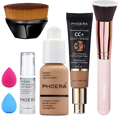 PHOERA CC Cream Foundation,PHOERA Full Coverage Foundation Color Correcting Cream,Anti Aging Hydrating Serum with Matte Natural Finish (105+160CC/Sand+ Sand CC Cream)