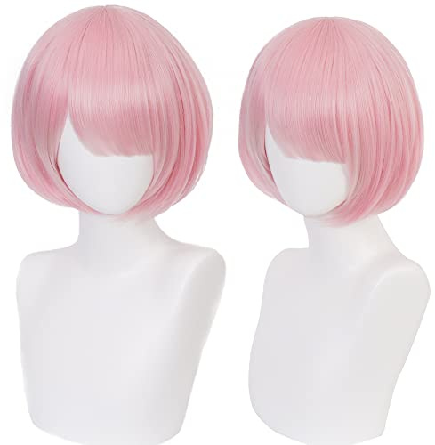Rosa Cosplay Perücke für Frauen Kurz gerade mit Bangs Perfekt für Halloween Cosplay Anime Con