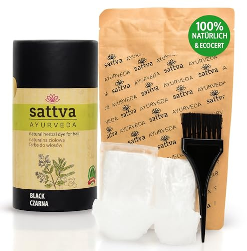 Sattva Ayurveda Coloración natural para el pelo de henna para alérgicos, tinte vegetal orgánico para color de pelo natural, volumen y brillo, doble porción, ECOCERT (negro, 150)