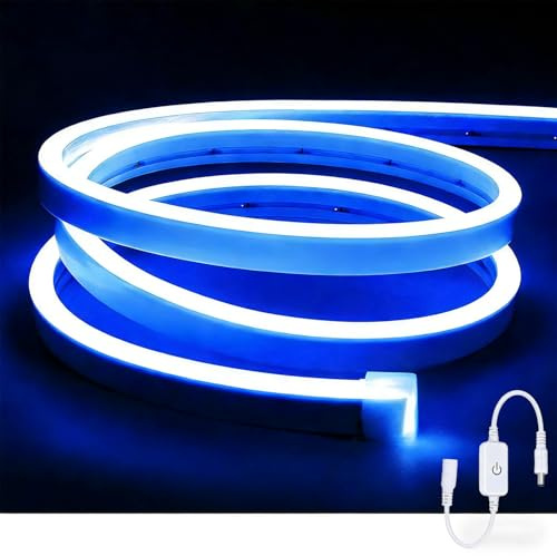 ShineBurky 5M Neon LED Strip Blau, 12V Neon LED Streifen Dimmbar | Flexibel Wasserdicht IP65 Lichtleiste Silikon Led Lichtband für Wohnzimmer Schlafzimmer Wand Deko DIY (ohne Netzteil)