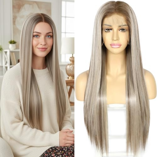 Sapphirewigs Blond Lange gerade Perücke 13x6 Lace Front Perücke Highlight Damen Gerade synthetische Haare 150% Dichte Party täglich tragen Weihnachten 26 Zoll