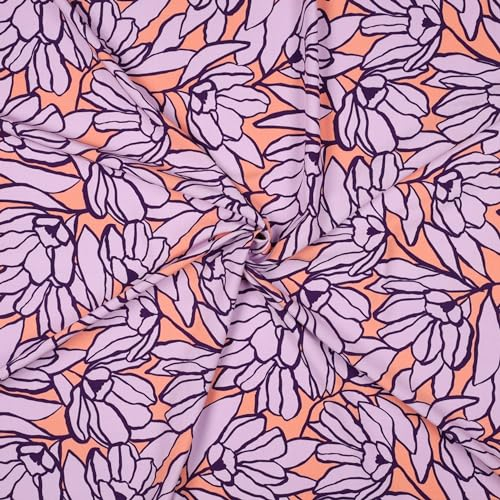 Viskosestoff Meterware Blumen – Stoff Flieder Apricot mit großen Blüten, 100% Viskose, leicht & weich, für Kleider, Blusen & Röcke