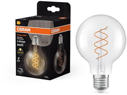 OSRAM Vintage 1906 Globe ist eine warmweiße, dimmbare LED-Lampe in klassischer Ballform mit spiralförmigem Filament. Sie bietet 7.2 W für 806 lm, E27 Fassung, klarfarbenes Glas, 80 mm Durchmesser.
