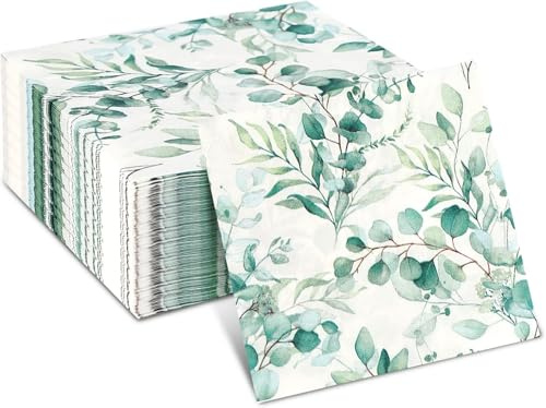 Eucalyptus 100 Pack 3-Ply Napkins Disposable Leaf Paper Green Leaves Guest Towels, Green Vintage Eucalyptus Paper Napkins for Wedding Party Garden (One Size, pcs, 100)